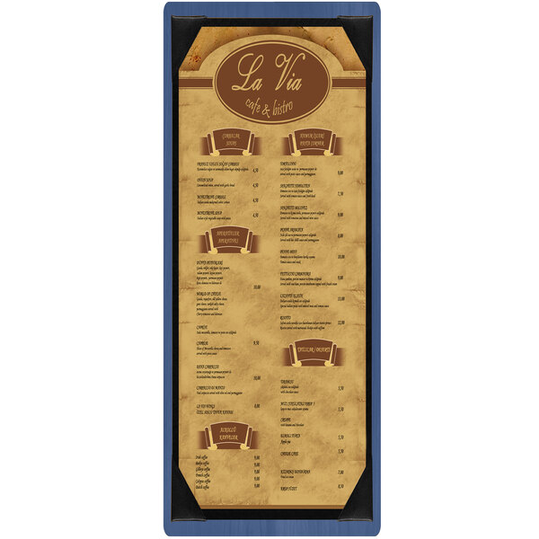 A customizable wood menu board with blue picture corners.