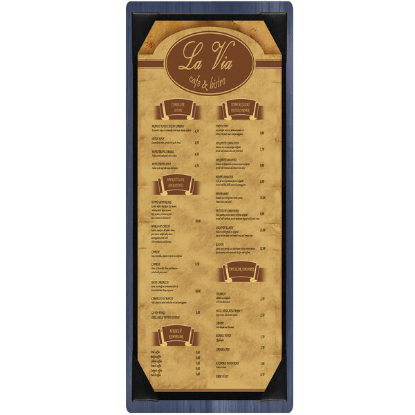 A customizable wood menu board with picture corners holding a restaurant menu.
