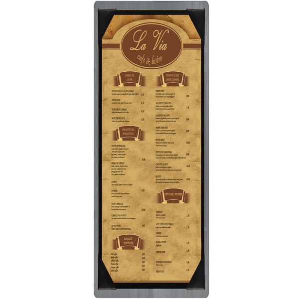 A brown wood menu board with picture corners.