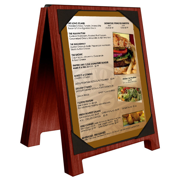 A Menu Solutions mahogany wood menu board tent with a menu on it.
