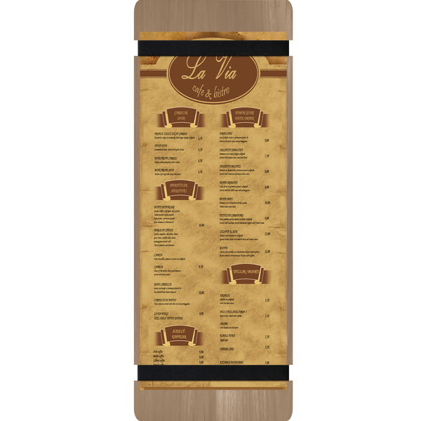 A weathered walnut wood menu board with rubber band straps on a table with a menu displayed.