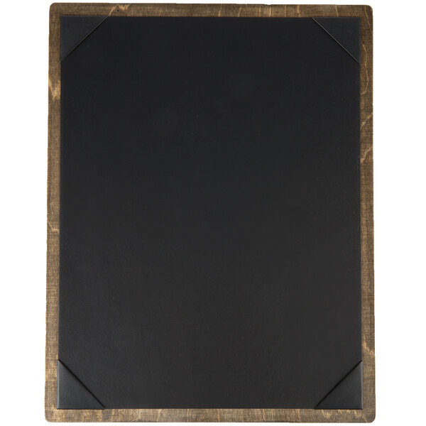 A black rectangular menu board with a wooden frame and picture corners.