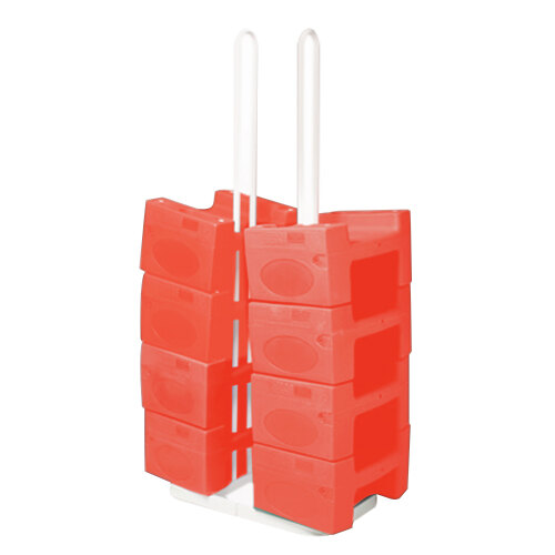 A stack of red plastic boxes with white handles.