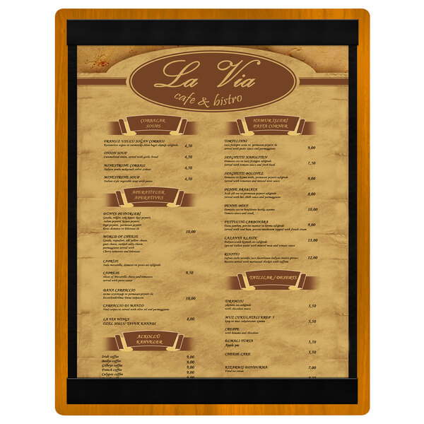 A Menu Solutions Country Oak wood menu board with top and bottom black strips.