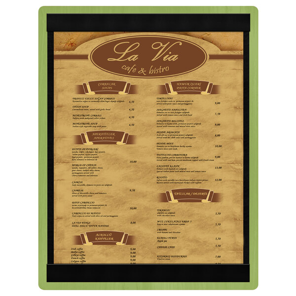 A Menu Solutions wood menu board with lime wood strips on top and bottom.