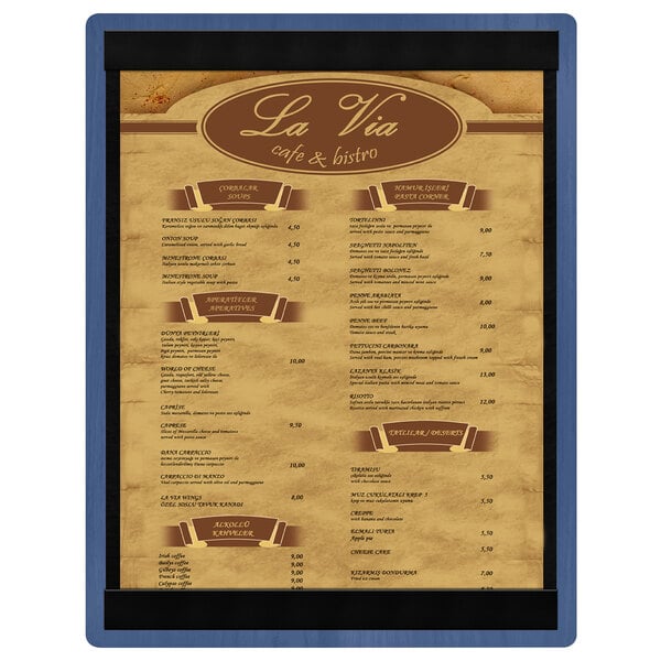 A Menu Solutions wood menu board with blue top and bottom strips.
