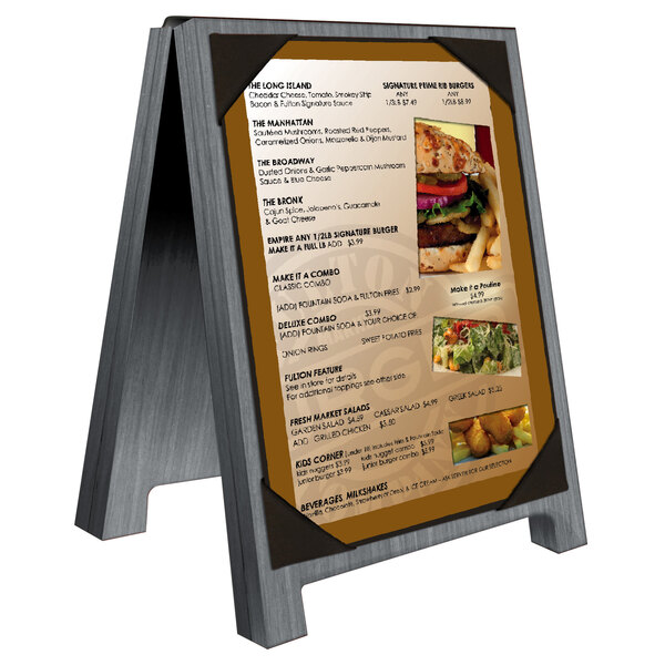 An ash wood menu board tent with picture corners for a sandwich menu with a black frame.