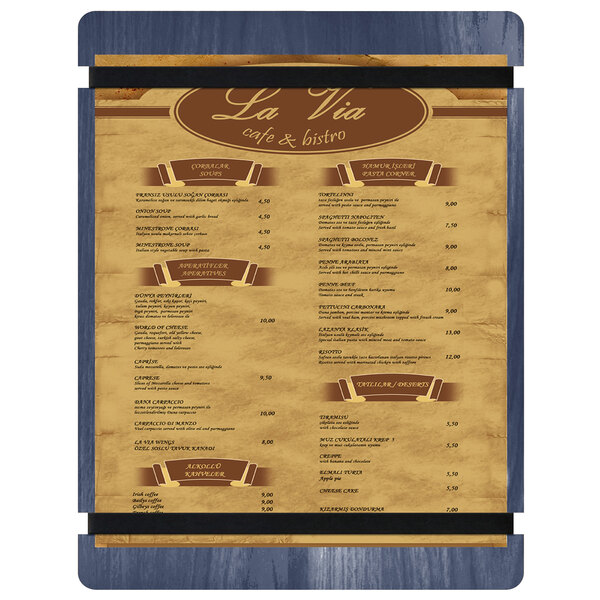 A customizable wood menu board with rubber band straps holding a brown paper menu.