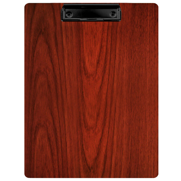 A mahogany wood clipboard with a black clip.