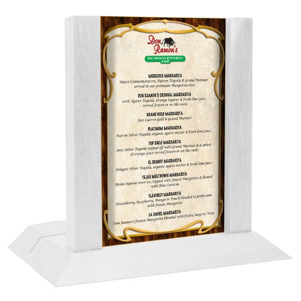 A white wooden Menu Solutions table tent with a menu inserted.