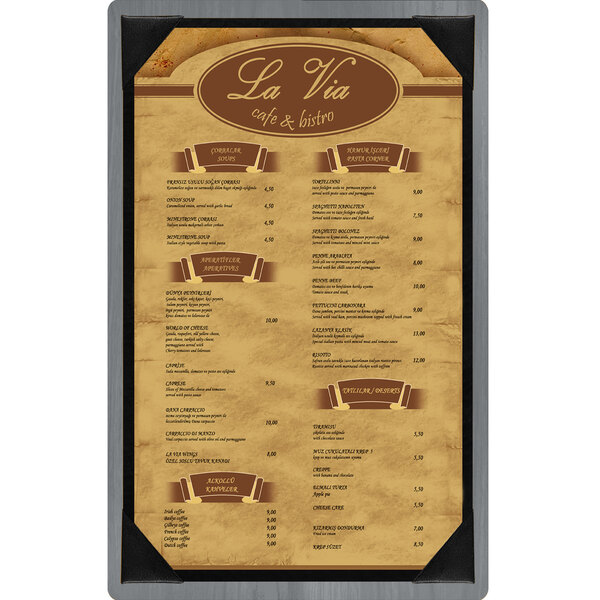 A customizable wood menu board with picture corners.