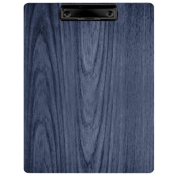 A denim blue wood clipboard with a black clip.