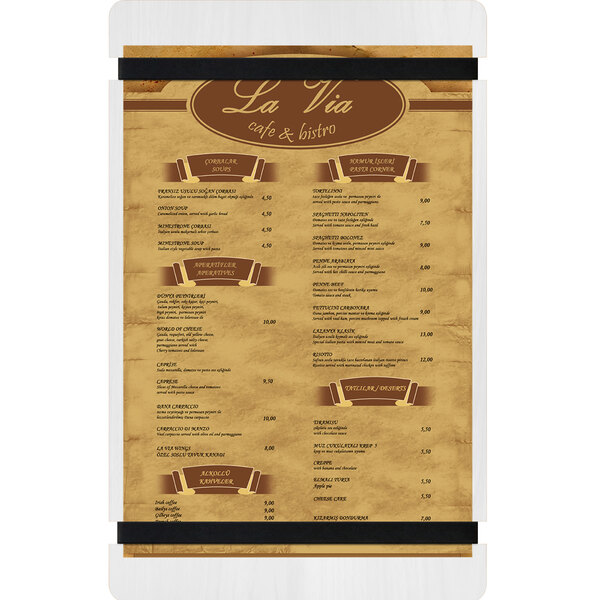 A white Menu Solutions wood menu board with rubber band straps.
