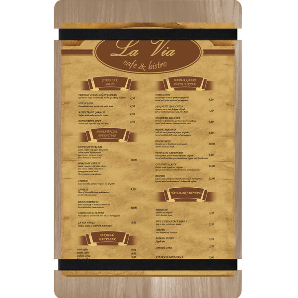 A Menu Solutions weathered walnut wood menu board with brown and white rubber band straps holding a menu.