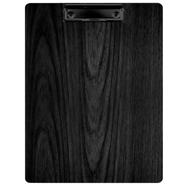 A black wood grained Menu Solutions clipboard.