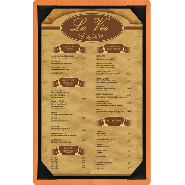 A wood menu board for a restaurant with a white background.