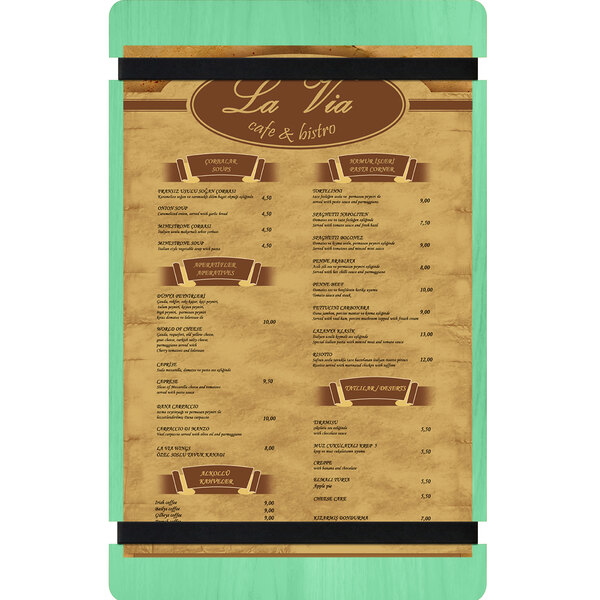 A washed teal wood menu board with rubber band straps.