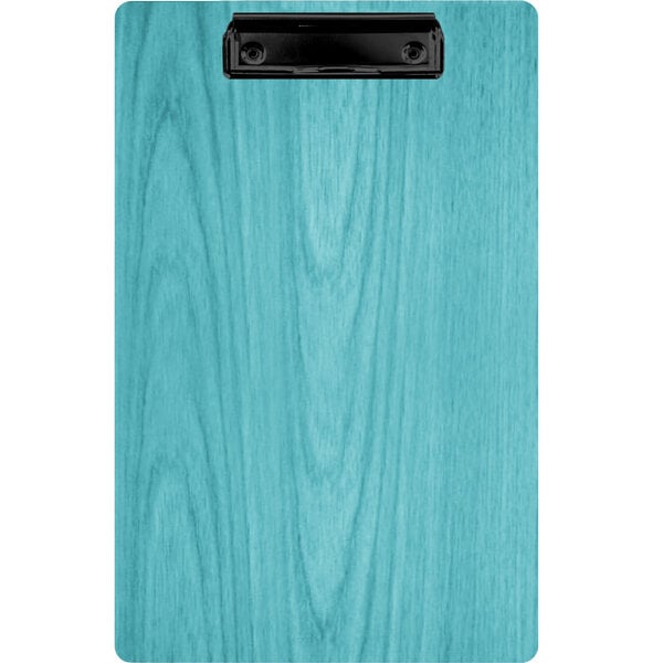 A blue wood clipboard with black clip.