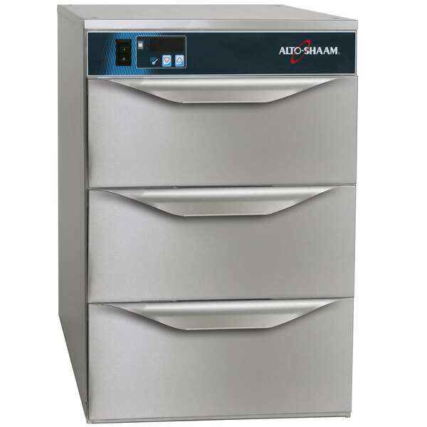 An Alto-Shaam stainless steel counter cabinet with three drawers.