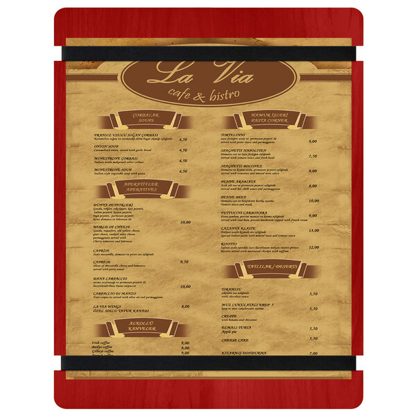 A Menu Solutions wood menu board with a red frame.