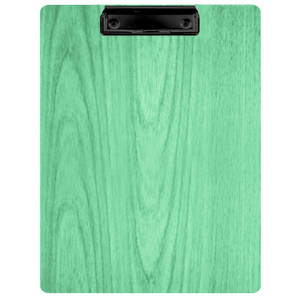 A teal wood clipboard with a black clip.