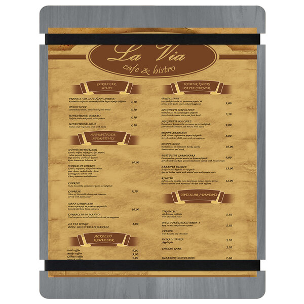 A Menu Solutions wood menu board with rubber band straps.