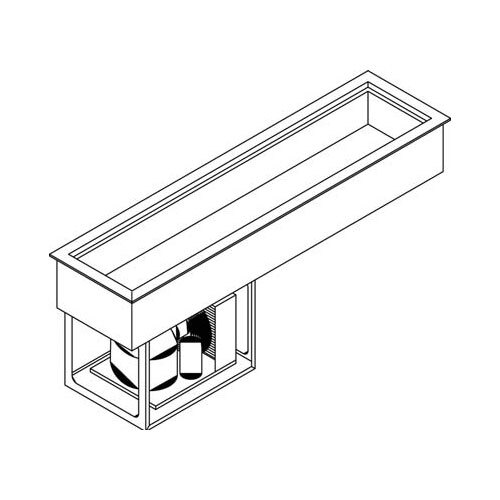 A black and white drawing of a rectangular shelf with three small containers inside.