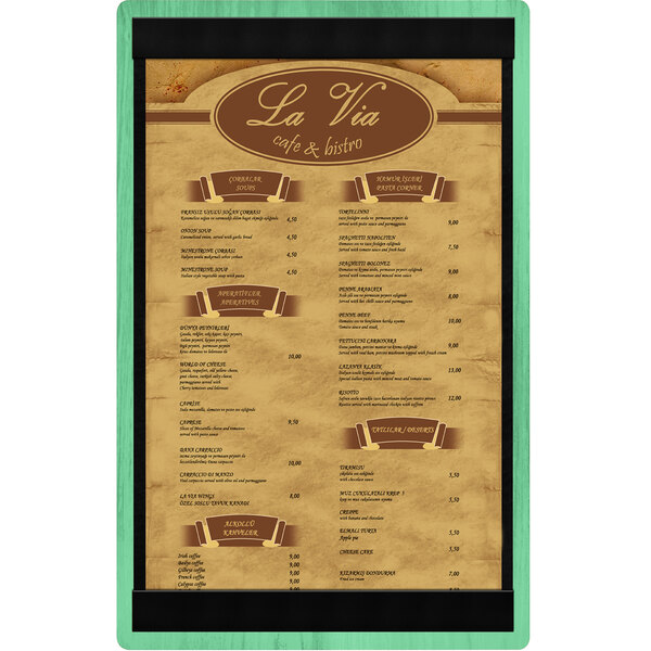 A Washed Teal wood menu board with top and bottom strips holding a menu.
