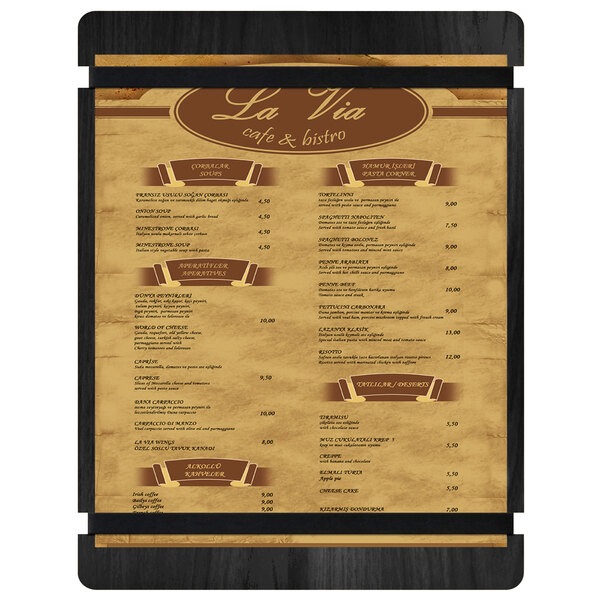 A black wood menu board with rubber band straps for a restaurant menu.