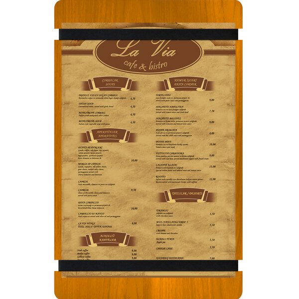 A Menu Solutions oak wood menu board with rubber band straps for a restaurant menu.