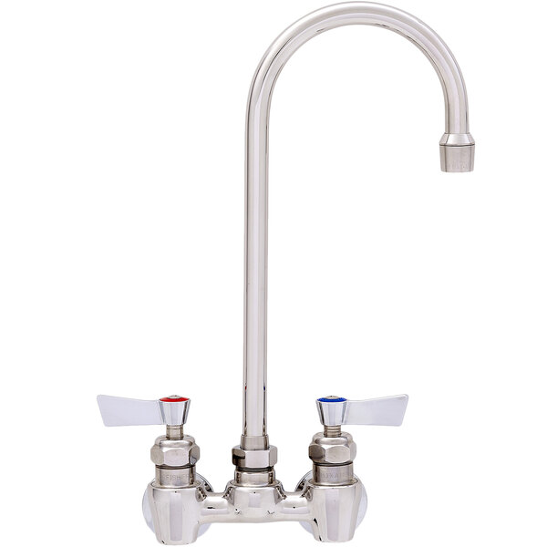 A Fisher stainless steel wall mount faucet with two lever handles.