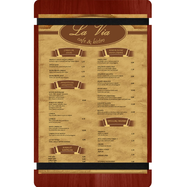 A mahogany wood menu board with rubber band straps for a restaurant menu with a white background and brown and tan text.