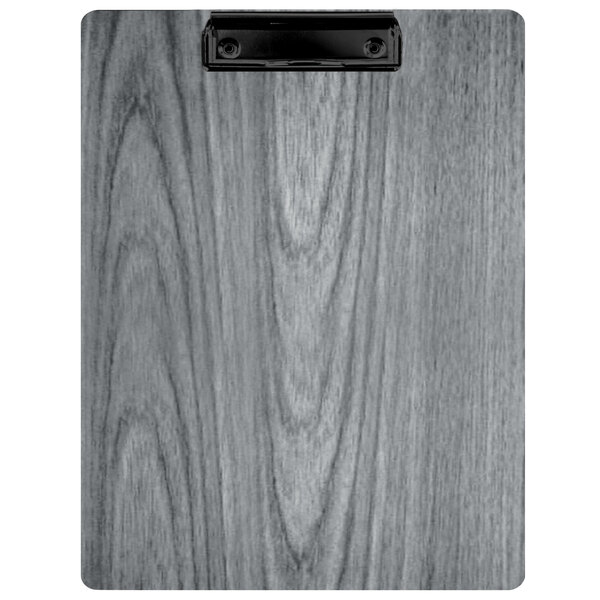 A Menu Solutions wood clipboard with a black clip.