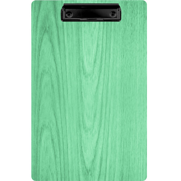 A Menu Solutions clipboard with a green wood surface.