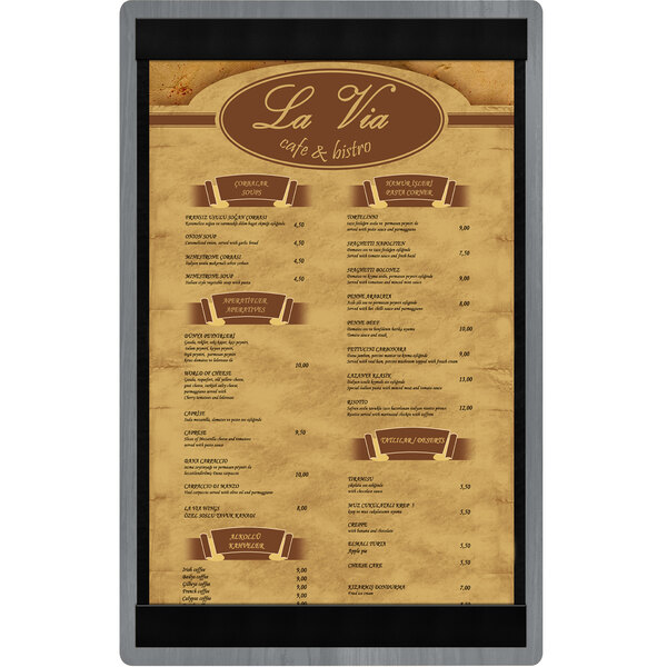 A customizable wood menu board for restaurants with top and bottom strips.