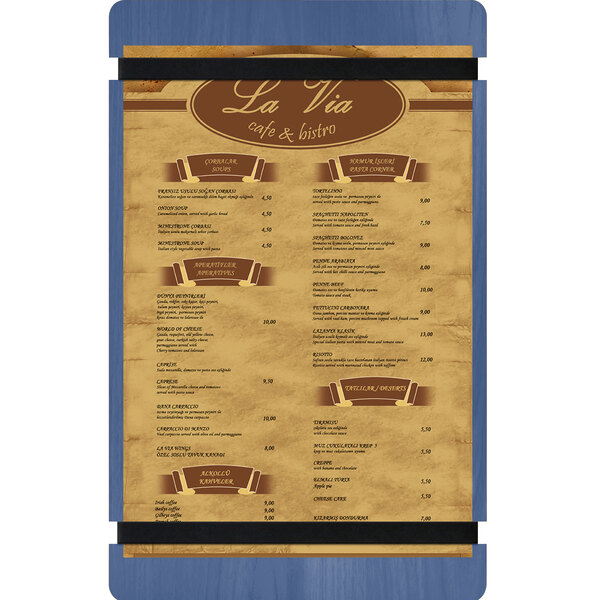 A customizable wood menu board with blue rubber band straps holding a menu with brown text.