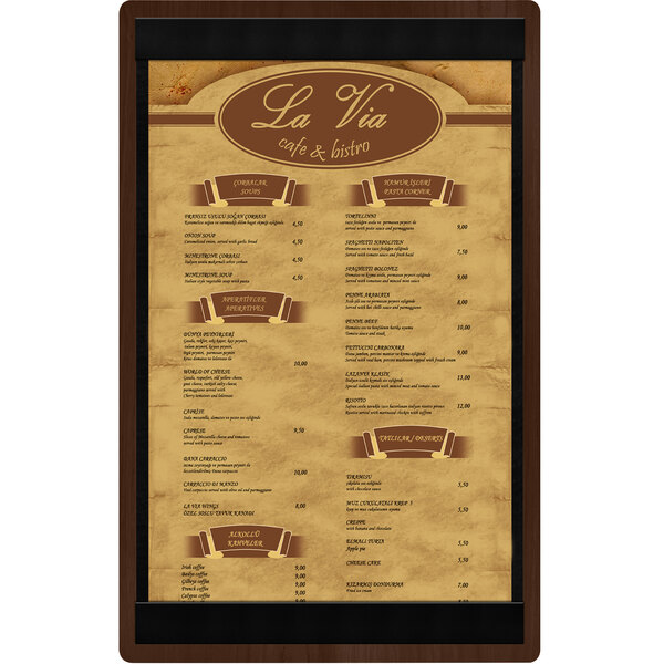A Menu Solutions walnut wood menu board with top and bottom strips and a brown frame.