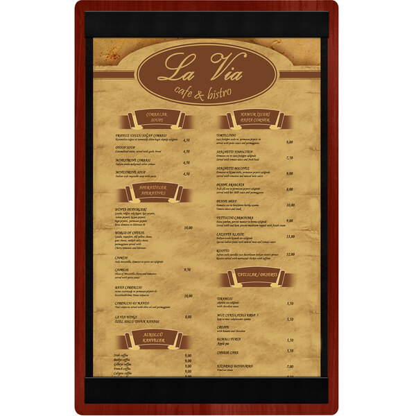 A Mahogany wood menu board with top and bottom strips.