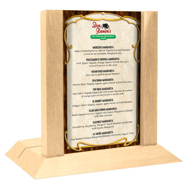 A Menu Solutions natural wood menu holder with a 4" x 6" insert slot on a table.
