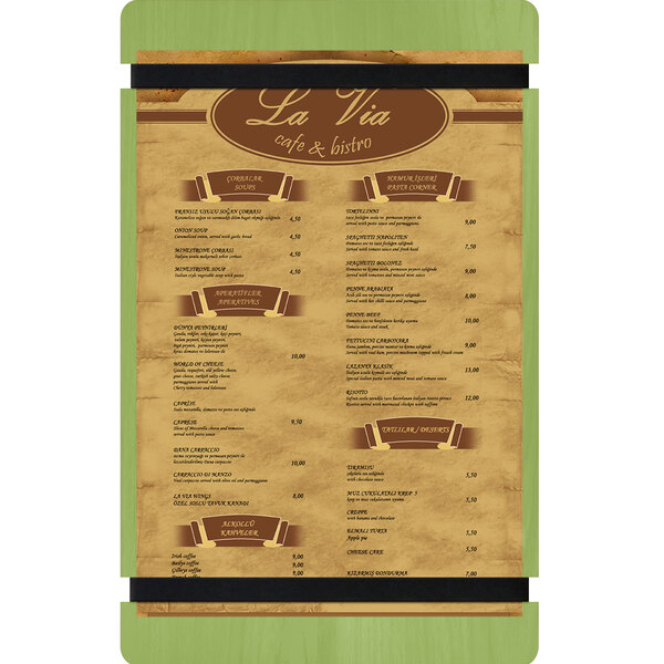 A customizable wood menu board with rubber band straps holding a menu.