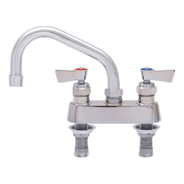 A Fisher stainless steel deck-mounted faucet with lever handles and a swing spout.