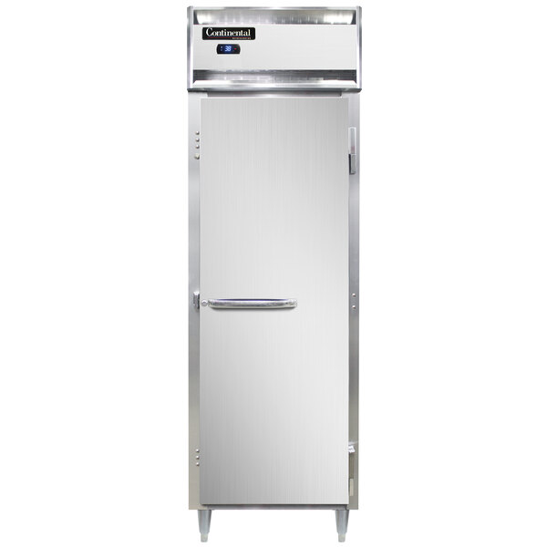 A Continental reach-in refrigerator with a solid white door and a metal handle.