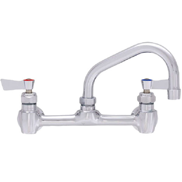 A Fisher stainless steel wall mount faucet with two lever handles and two faucets.