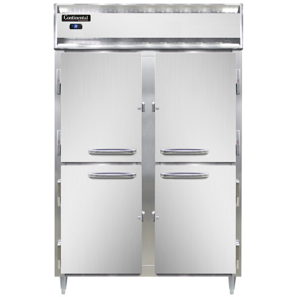 A Continental reach-in refrigerator with a white cabinet and silver half doors.