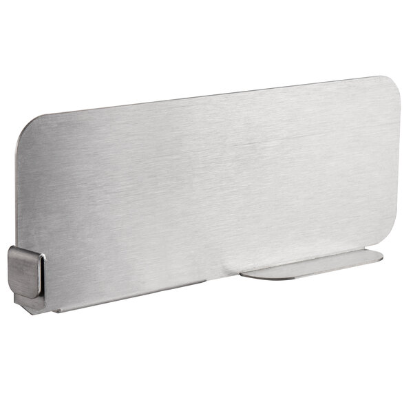 A silver metal shelf divider clip.