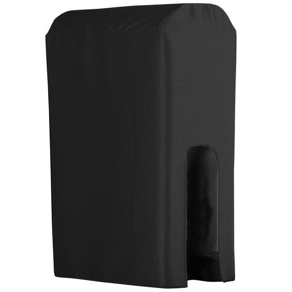 A black rectangular Snap Drape cover over an insulated beverage dispenser on a white background.