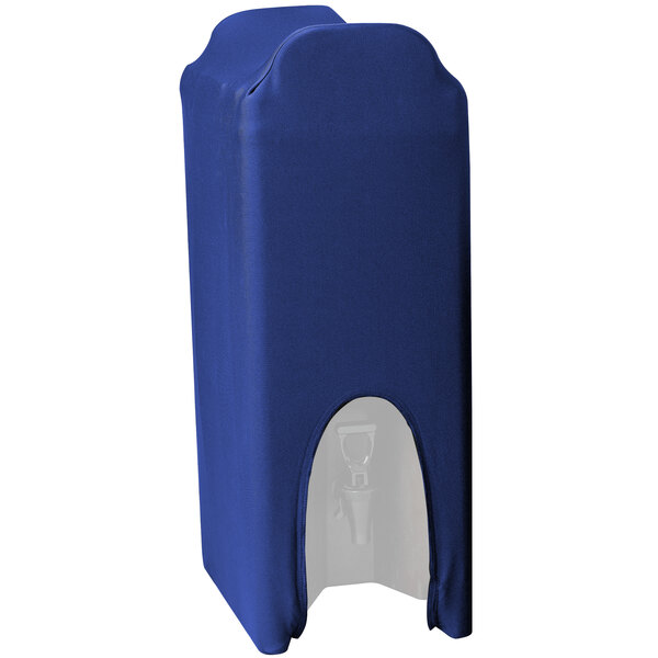 A royal blue Snap Drape spandex cover on a beverage dispenser with a lid.