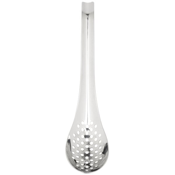 A stainless steel Mercer Culinary perforated bar spoon.