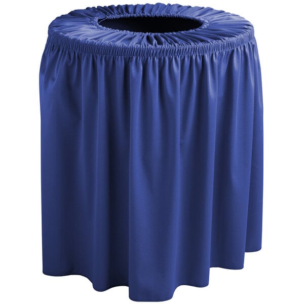 A royal blue Snap Drape shirred pleat table cloth covering a 55 gallon round trash can.