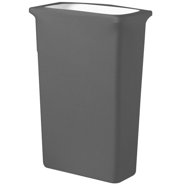 A grey rectangular Snap Drape trash can cover on a grey rectangular trash can with a white lid.